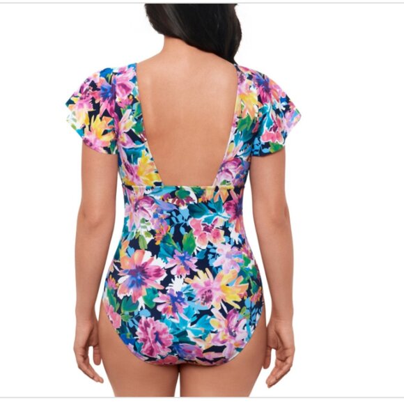 Swim Solutions Garden Dreams Flutter-Sleeve One-Piece Swimsuit Size 16 - 7964 - Picture 2 of 2
